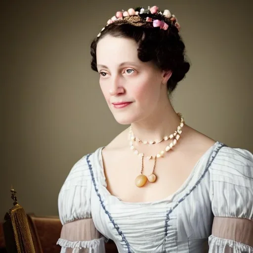 Portrait of a woman in a regency dress, french, beautiful jewelery 8k, HD, cinematography, photorealistic, Cinematic, Color Grading, Ultra-Wide Angle, Depth of Field, hyper-detailed, beautifully color-coded, insane details, intricate details, beautifully color graded, Cinematic, Color Grading, Editorial Photography, Depth of Field, DOF, Tilt Blur, White Balance, 32k, Super-Resolution, Megapixel, ProPhoto RGB, VR, Halfrear Lighting, Backlight,