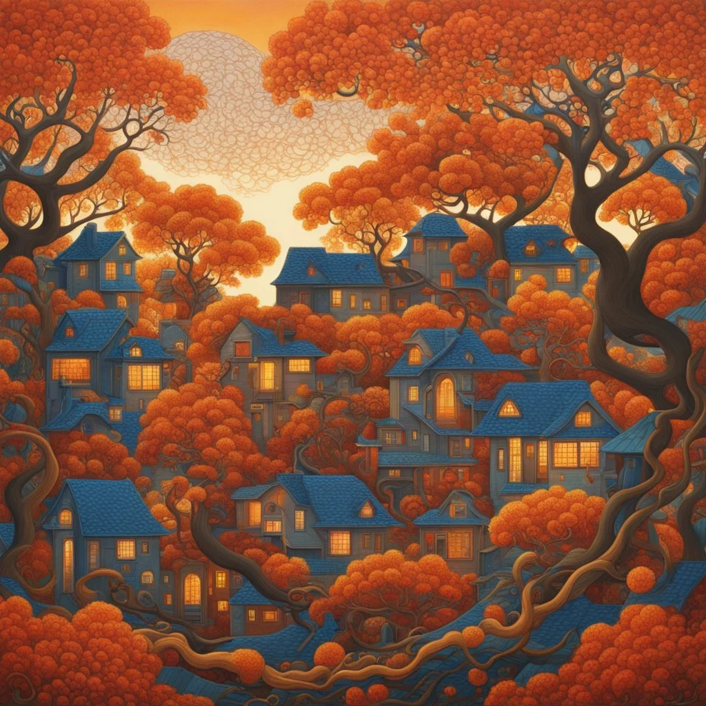 autumn magnificence, CITYSCAPE, golden sunset, cozy houses with warmly lit windows, flying leaves, windy trees, falling leaves, entwined gnarled tangled interwoven twisted ornamental idyllic tree branches, maximalist ornamental details, by Kazumasa Nagai, Tarsila do Amaral, folklore decorative elements, aboriginal dot patterns