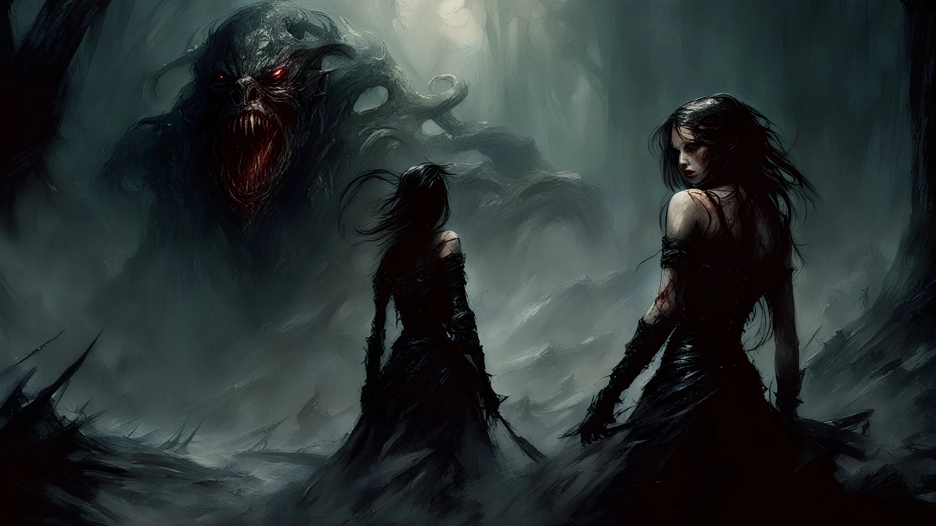 Dark fantasy world, girl, battle, mist, battlefield, Lovecraft's Monster in the background, dark colors, Luis Royo & Raymond Swanland & Alyssa Monks & Anna Razumovskaya