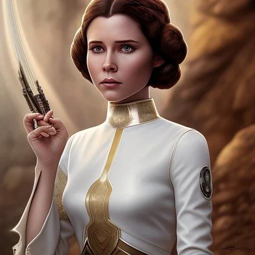 stunning half-body portrait photo of princess leia from Star Wars, hazel iris, wlop, artgerm, akihiko yoshida, and liang xing, detailed face, doe eyes, intricate braided hair style, symmetrical eyes, trending on artstation, highly detailed, white dress, dynamic pose, intricate outfit, space ship and galaxy background