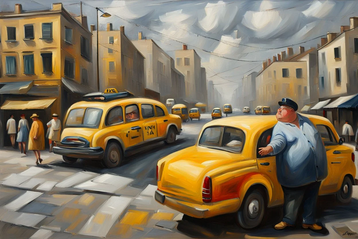 fat man model in a street in a taxi oil painting