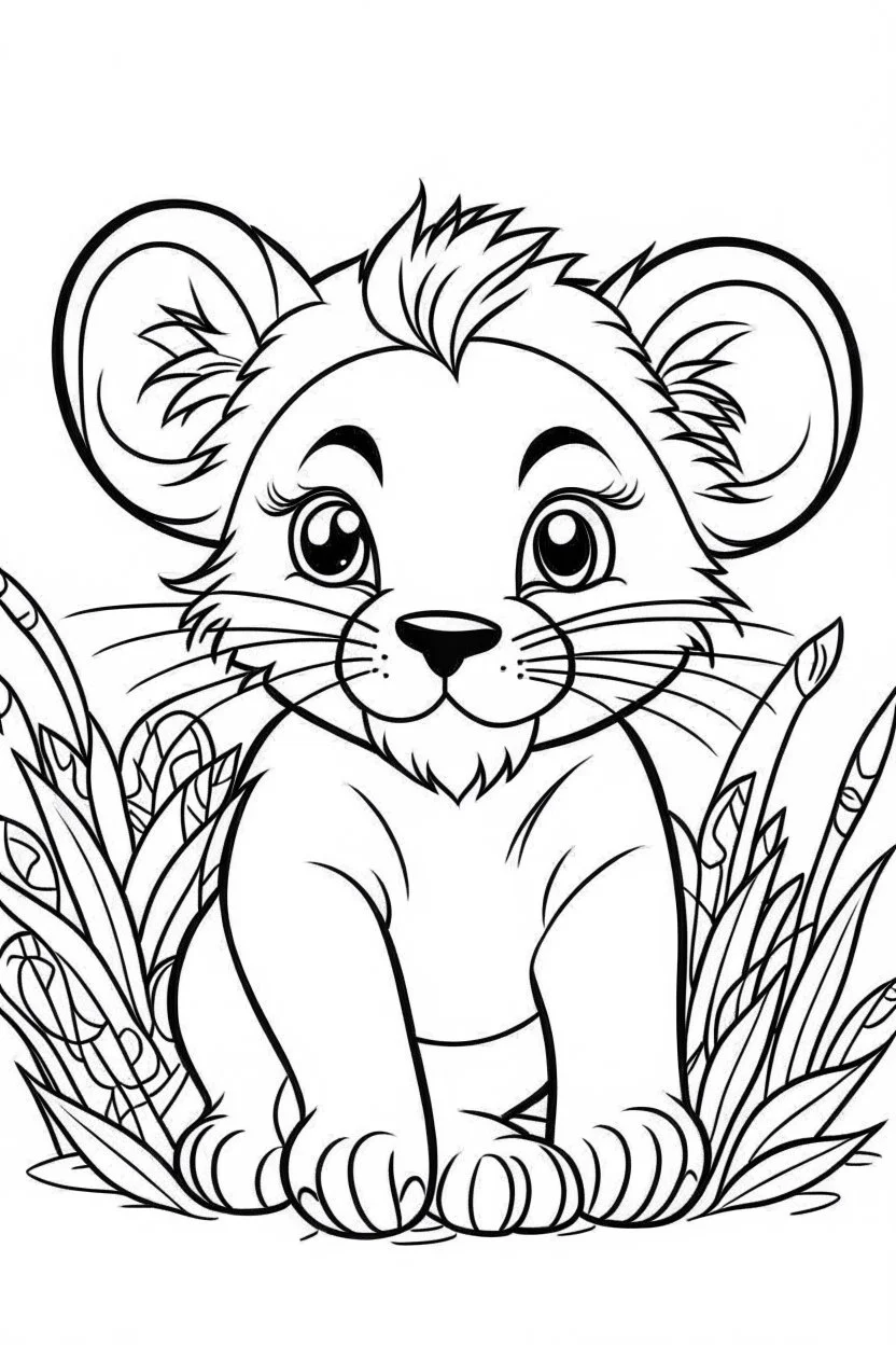 cute coloring page, sketch style, cute baby Lion in the jungle, cute cartoon, white and black, withe background, no shadows, outline.