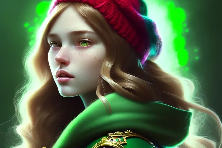 girl, cute, beautiful, long hair, wavy hair, red hair, green eyes, green beanie, green coat, black tee shirt, head and shoulders portrait, 8k resolution concept art portrait by Greg Rutkowski, Artgerm, WLOP, Alphonse Mucha dynamic lighting hyperdetailed intricately detailed, algerian flag