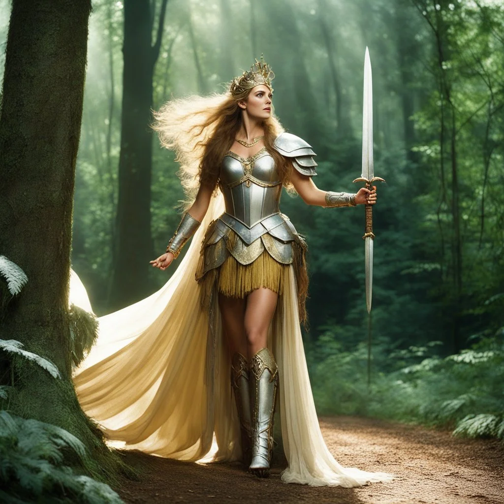 [high res photo by Monty Python] a scene with Hippolyta from Shakespeare's A Midsummer Night's Dream. Elegant, statuesque; adorned in armor or noble garments; her long flowing hair cascading down her back. Poised and graceful, she transforms into a gladiatrix in the forest clearing. The arena is set, the tension palpable. Hippolyta stands tall, exuding a fierce aura as she prepares to face whatever challenges come her way. The scene unfolds with an air of mystique and anticipation, as she embodi
