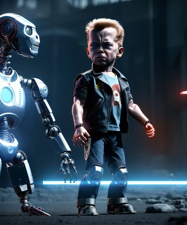 The Terminator toddler, robotic eye, robotic arm, full body, dramatic lighting, angry, hyper realistic