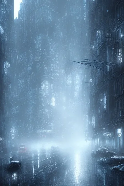 Gotham city, nostalgic, cold, dark blue, gloomy, heavy fog