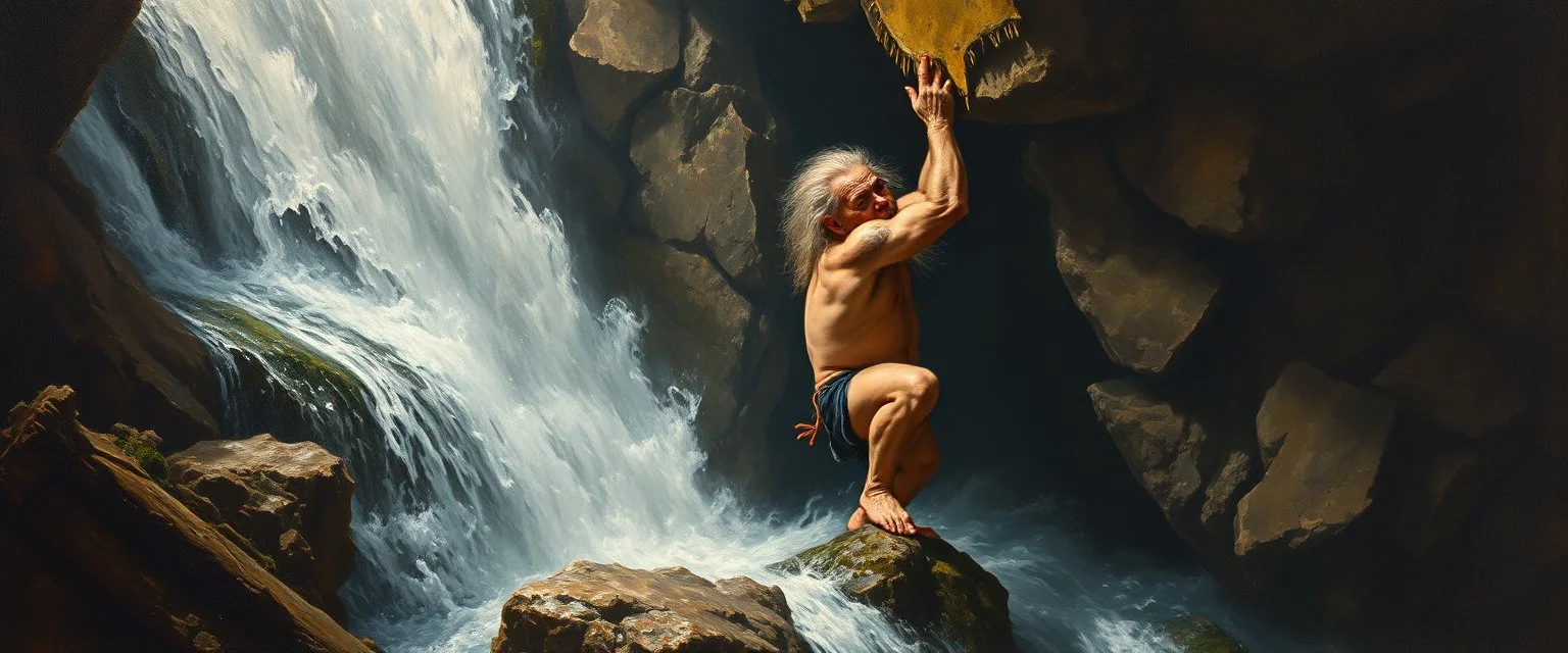 master oil painting by Rembrandt,troll climbing inside the waterfall