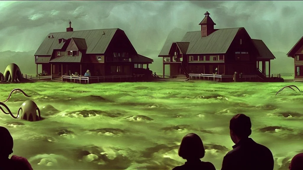 a crowd enjoys watching our lovecraftian alien overlords attack farmhouses