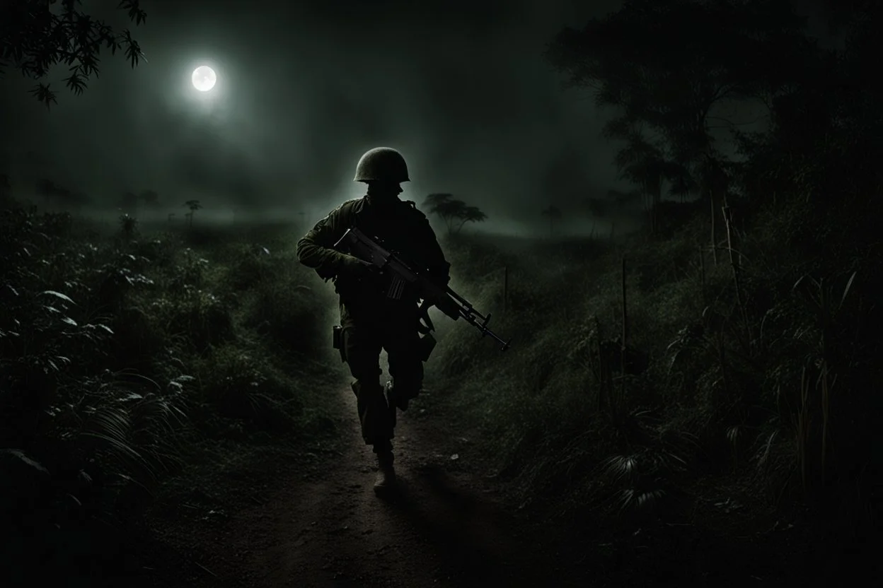 Spectral ghost of a headless soldier carrying a Thompson machine gun through the Congo at night