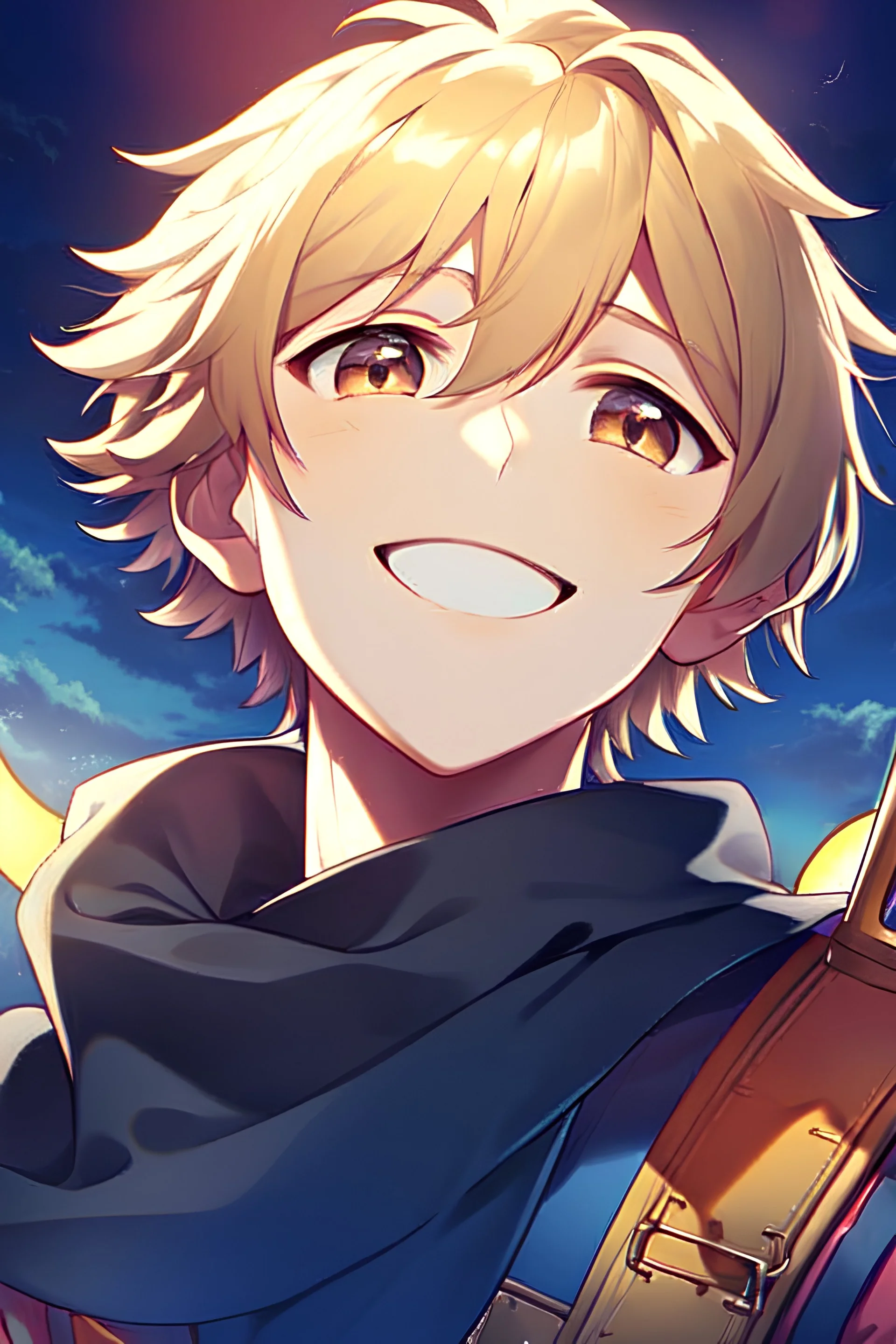 Close up of trendy anime boy standing on edge of cliff, head towards the sky, sun on face, thankful and smiling, arms open in the air