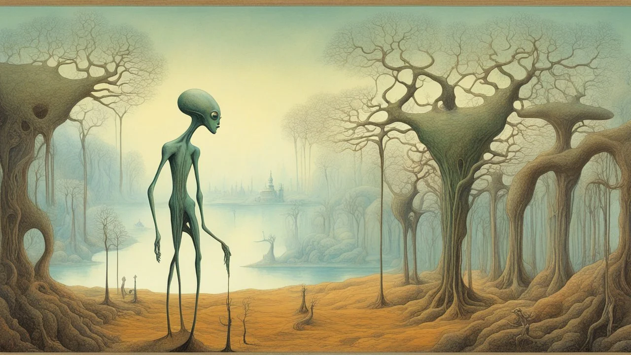 Surreal water faucet shaped trees, strange landscape of towering long-limbed alien-like cryptids gently tending the fauna, surrealism, by Kay Nielson, by Salvador Dali, by Zdzislaw Beksinski, sinister, weirdcore, sharp colors.