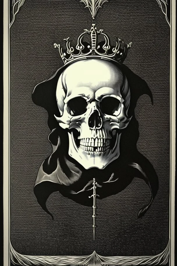 A shadowed hand holds a highly detailed, hand drawn skull, anatomically correct, with a crown hovering above, representation of Hamlet by John Austen, in the Aubrey Beardsley style, inspired by the gothic, macabre and fantastical, highly aesthetic, art nouveau design with striking black-and-white illustrations with hints of Red, Beardsleyesque, high quality, modern classical art, Hamlet Skull