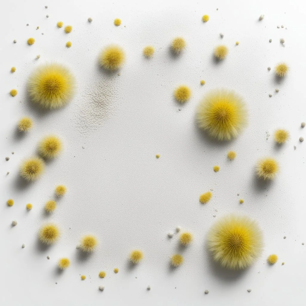 scattered powder on a white background, dandelions scattered nearby, top view