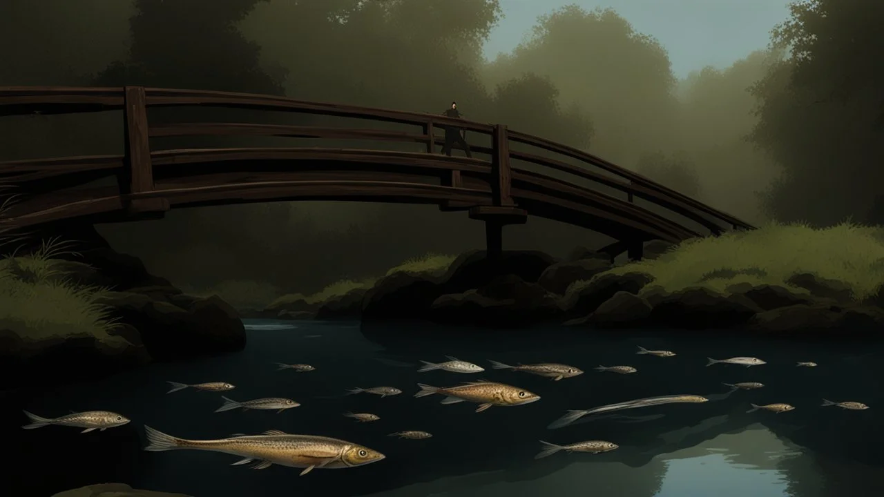 A dark stream with metal debris floating on its surface and rare fish swimming inside, a wooden bridge similar to those in Monet's works crosses it.