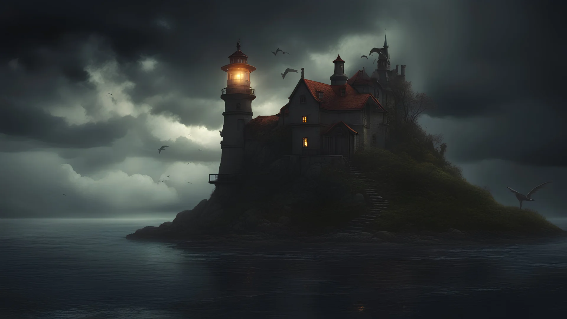 fantasy style. stormy night, island, lighthouse and witch tower