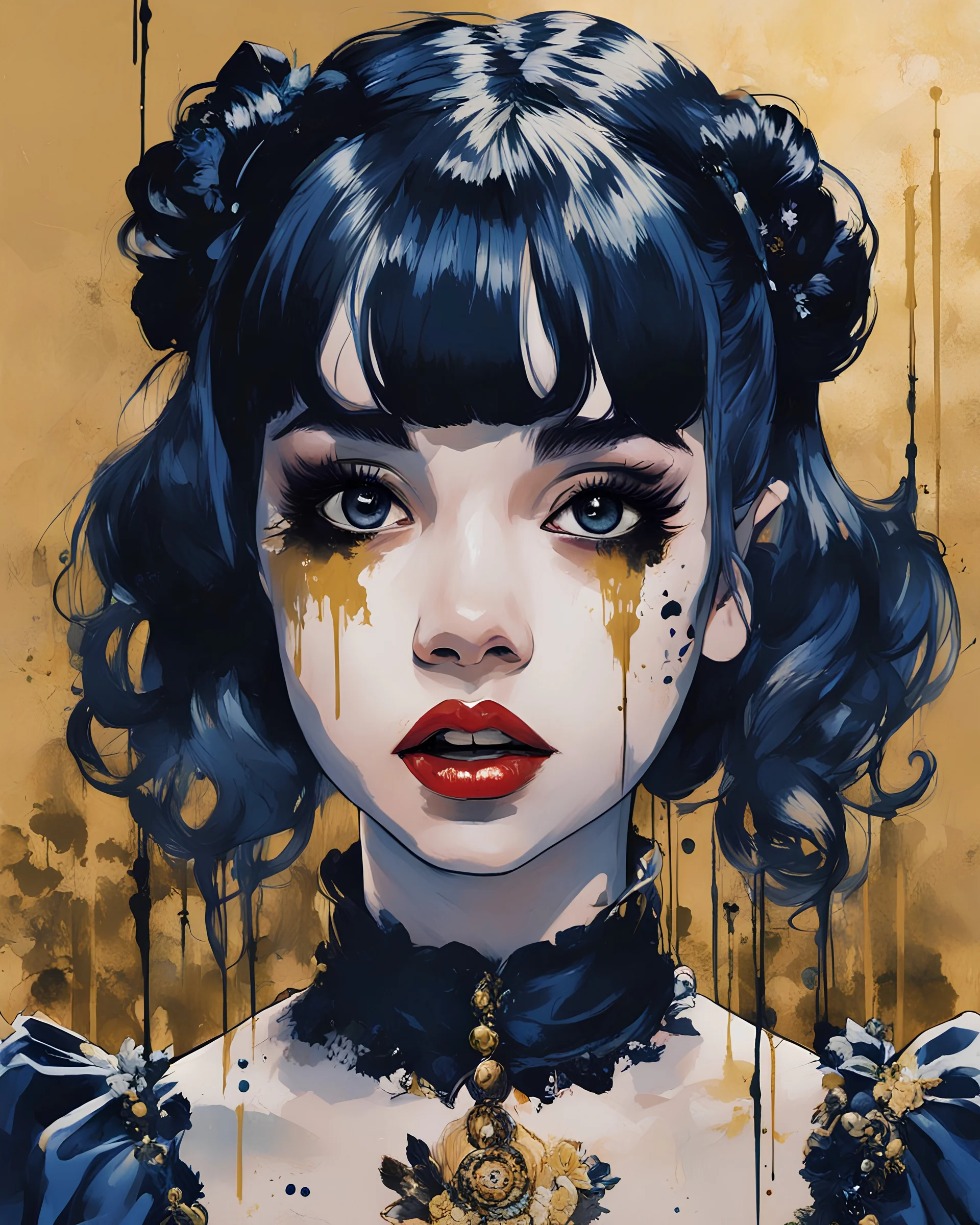 Poster in two gradually, a one side malevolent goth vampire girl face and other side the Singer Melanie Martinez face, painting by Yoji Shinkawa, darkblue and gold tones,