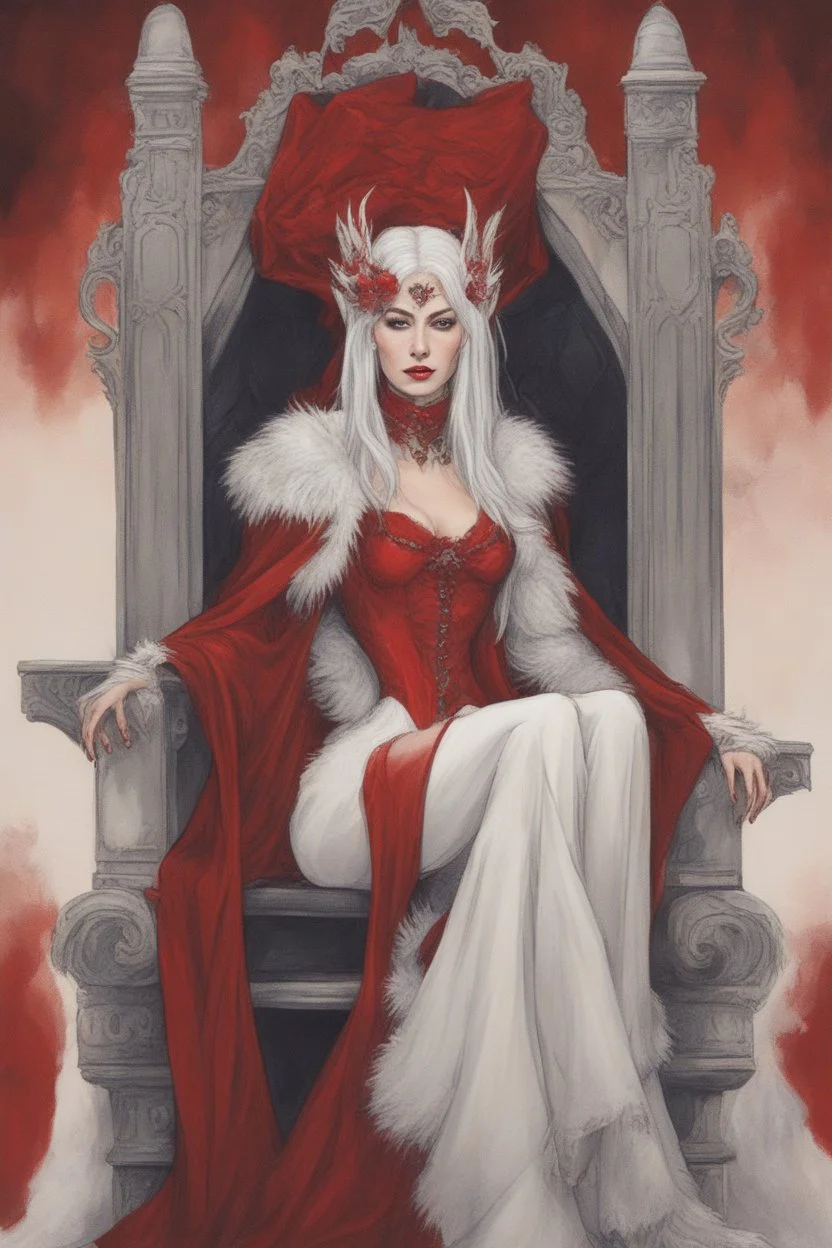 Beautiful white haired Vampire queen on her throne, drawing. Wearing a red cloak with a fur collar