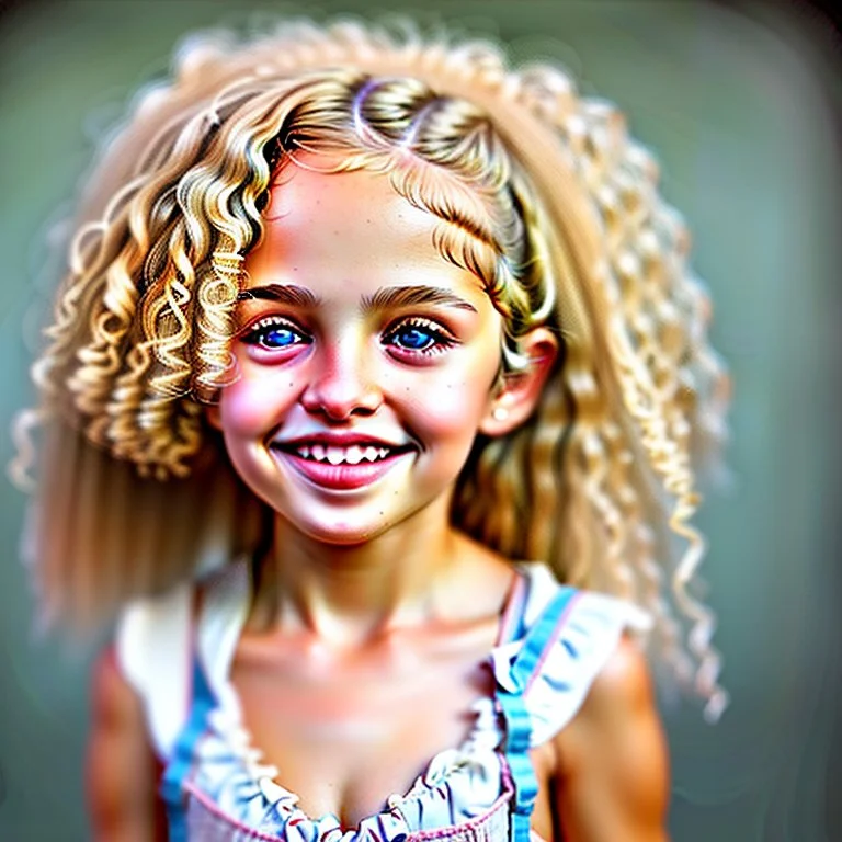 A cute little girl, curly blonde hair, the look on her smiling face.