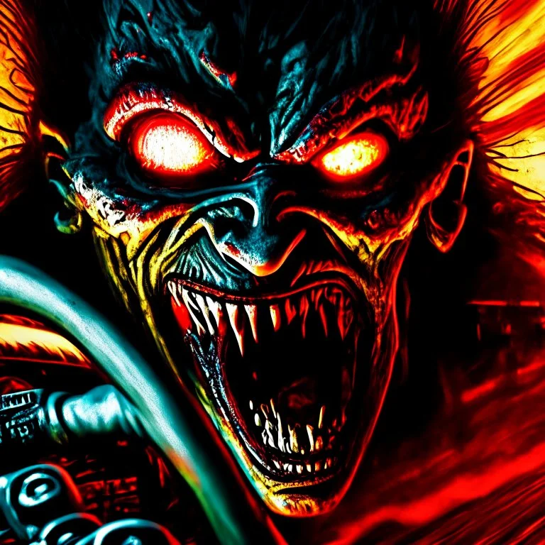 In the style of Heavy metal Magazine, close up of fantastical cursed Zombie NASCAR racer with red glowing eyes determinedly gripping the steering wheel, screaming, horror, intricately detailed, complex contrast, dynamic composition; cinematic lighting; meticulously composed concept art, masterpiece, cell-shaded