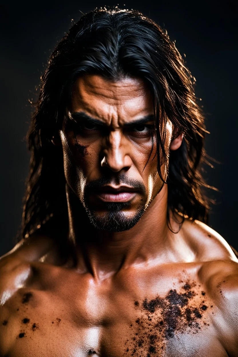 Portrait of an Olive skinned muscular evil male with long dark hair, scarred face and a goatee beard, scowling