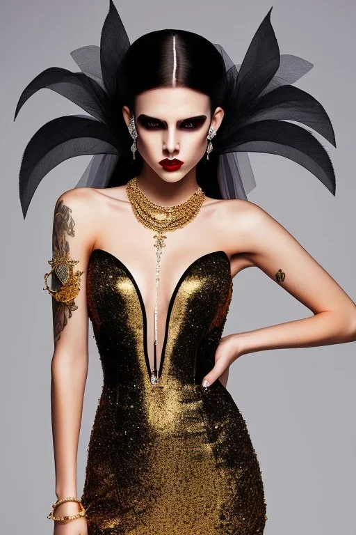 Portrait emo bride with piercings in skin-tight black dress, full body shot, full-color long shot, gold lipstick pale face, gold eyeshadow