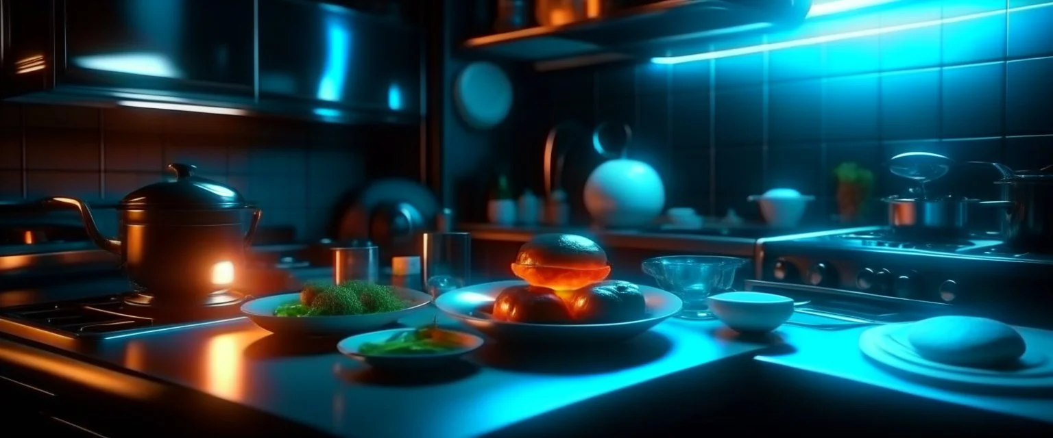 futuristic sci-fi cooking. Realistic photo. HD. Glowing. 3d style