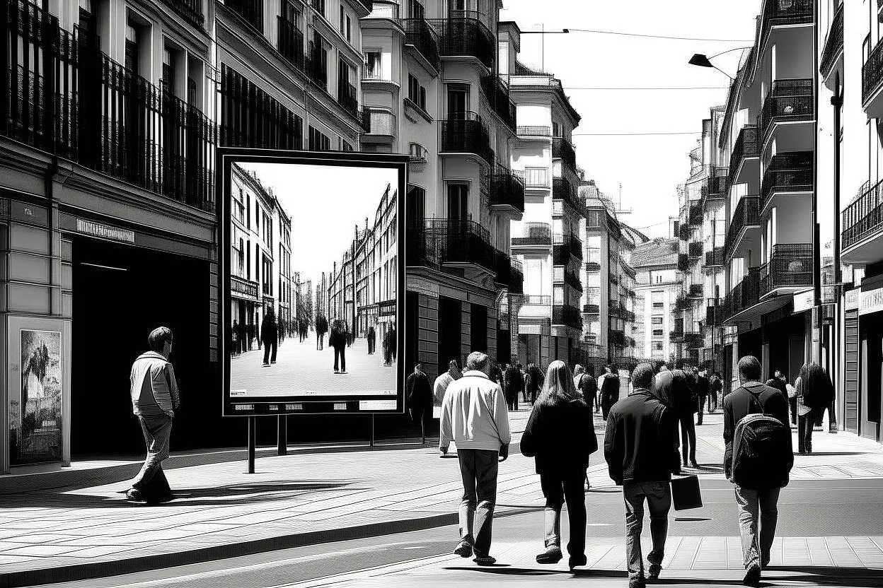 Valla publicitaria en blanco, sin publicidad, en una calle del centro de una ciudad española, y gente paseando por la calle, fotografía actual y real, disparo con cámara leica