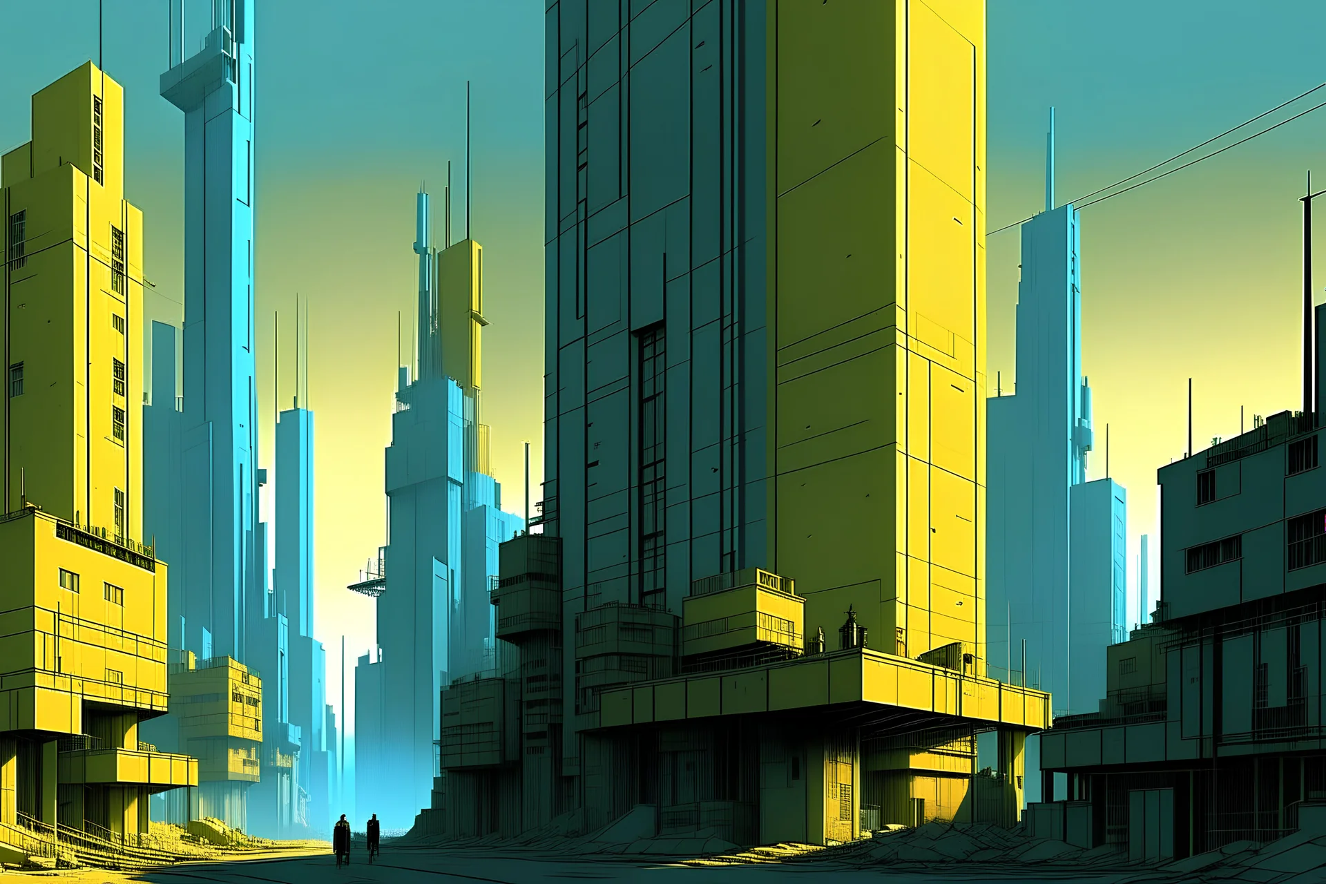 megacity in the style of simon stalenhag and lyonel feininger