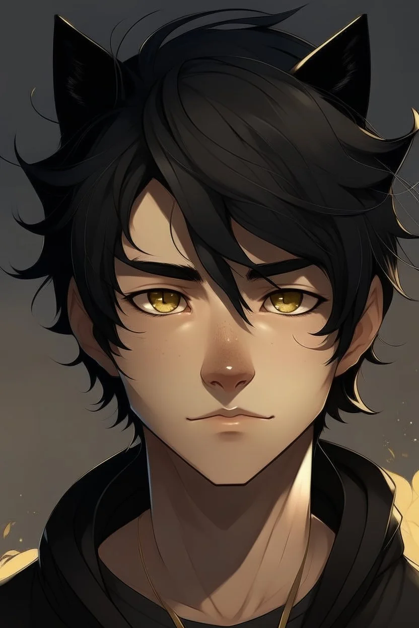 A young male with messy black hair, gold eyes, black cat ears