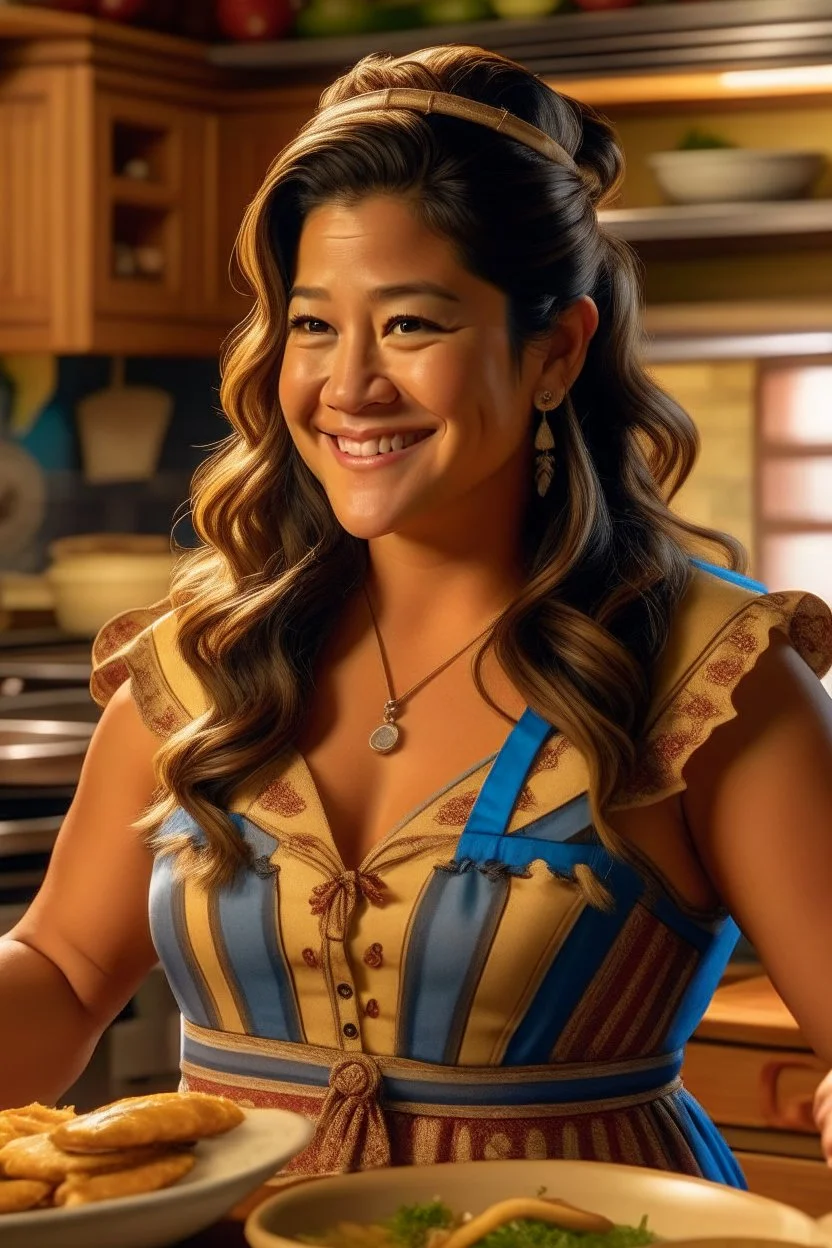 Gina Rodriguez cooking, first transformation hits. Torso undergoes change: golden radiance, pronounced curves, idealized Germanic aesthetic, dirndl-clad, embroidered details, blonde allure, traditional elegance, cooking in transformed grace, enchanting essence, harmonious blend, ethereal energy, vibrant transformation, mesmerizing allure, sophisticated refinement, cultural charm.