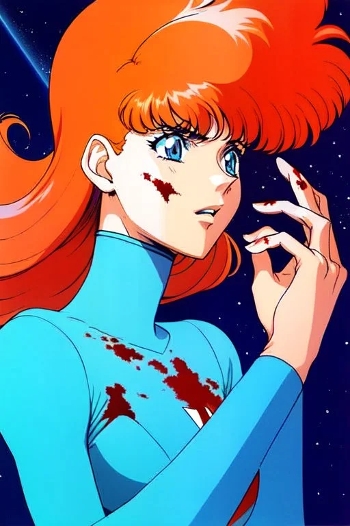 90s anime sci fi orange hair space Captain girl blood on face sacred