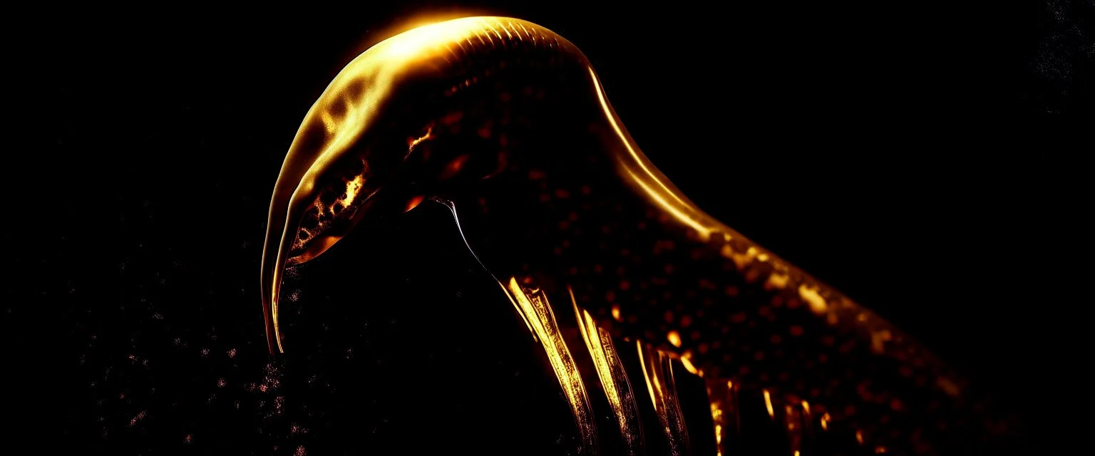 ultra high image quality, Close-up of a shark squid god resembling liquid gold, fins rippling like molten metal, set against AMOLED-worthy pure black backdrop, fantasy art style infused with a golden filter, tailored for vertical wallpaper, exclusive design with no duplicates, radiating beauty suitable for a PC screen image, vivid colors, ultra fine, digital painting.