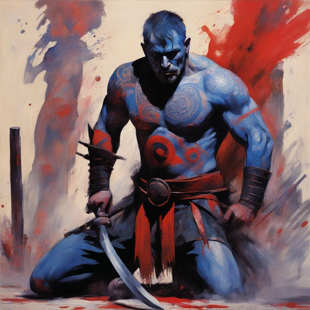 [bloody high res photo by Jean-Claude Meziere with Kupka's palette] the tattooed warrior moves with the fluid precision of someone who's spent a lifetime turning potential death into momentary survival. His weapon cleaves through the ghoul in a single, brutal stroke.