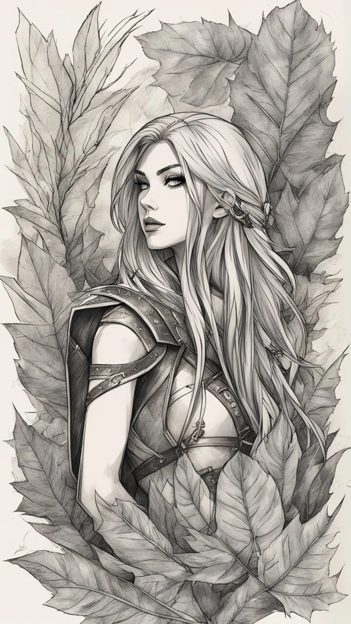 bits of color, furistic Sketch book, hand drawn, dark, gritty, realistic sketch, Rough sketch, mix of bold dark lines and loose lines, bold lines, on paper, Katarina, league of legends, leaves, animals, runes, dark theme,