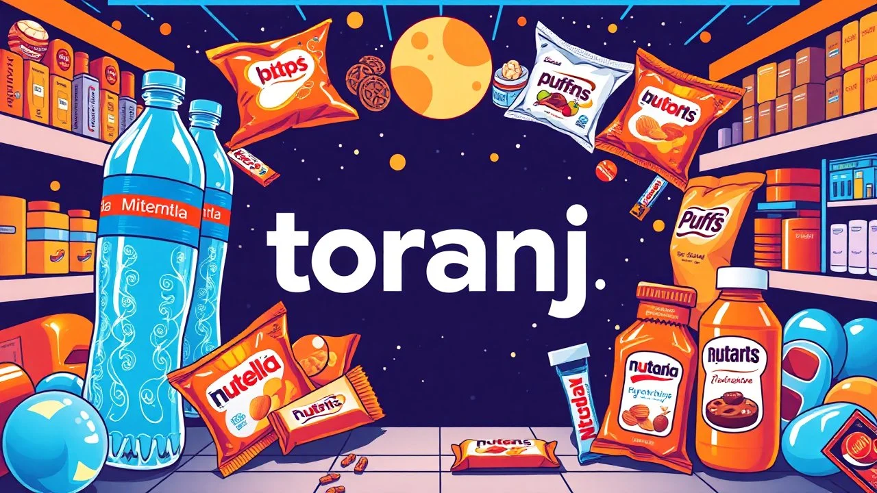 A beautiful design with the word "toranj" in the middle, surrounded by supermarket items such as mineral water, soda, chips, puffs, cakes, chocolate, Nutella packets, chewing gum, soda, and ketchup, with an orange, moon, blue, and white color theme and a psychedelic atmosphere.