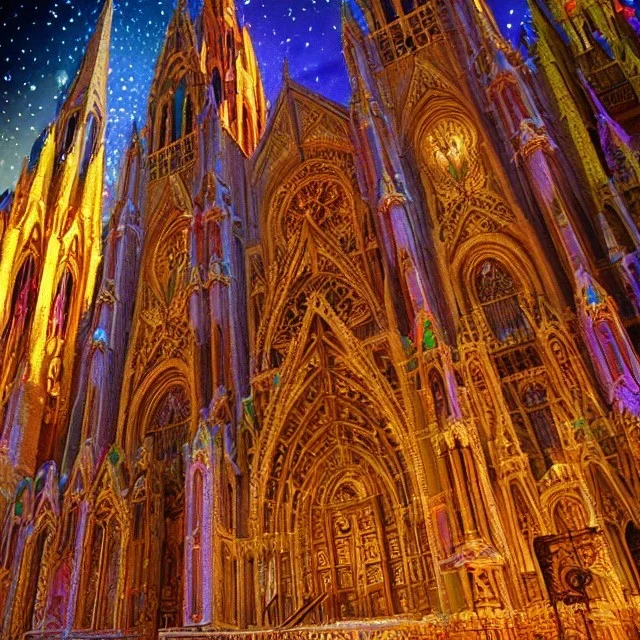 grand cathedral made of gingerbread and vibrant-colored rock candy, 8k resolution, centered, high-quality, ultrafine-detail, ornate, digital art, flickering light, baroque, detailed matte, volumetric lighting, illustration, 3D octane render, brian froud, howard lyon, George Grie, greg rutowski,