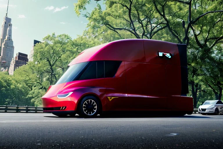 A Tesla 'Semi' (semi truck) is parked, in 'Central Park' in New York City. (CINEMATIC, WIDE ANGLE LENS, PHOTO REAL)