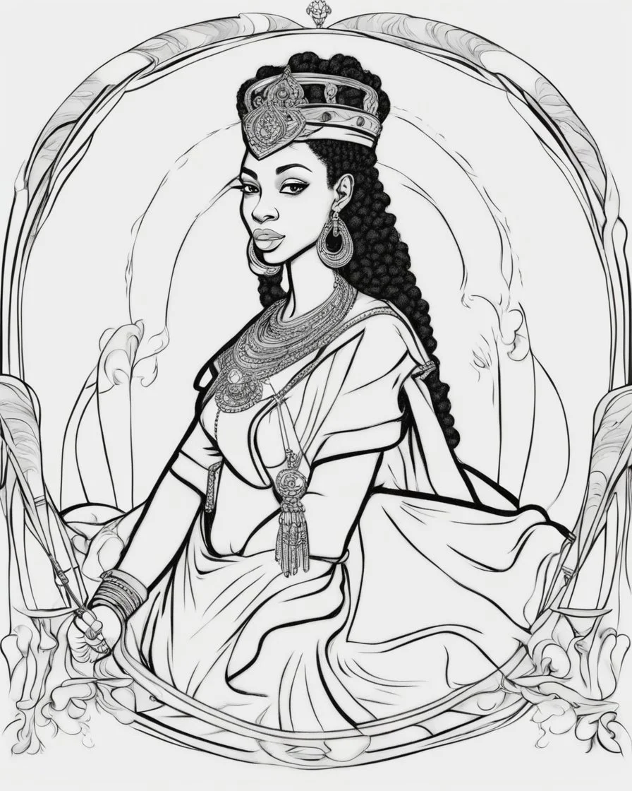 Outline art for coloring pages with queen Nzinga , white background, sketch style, only use black outline, white background, no shadows and well and clear outline , white background, sketch style, only use black outline, white background, no shadows and well and clear outline