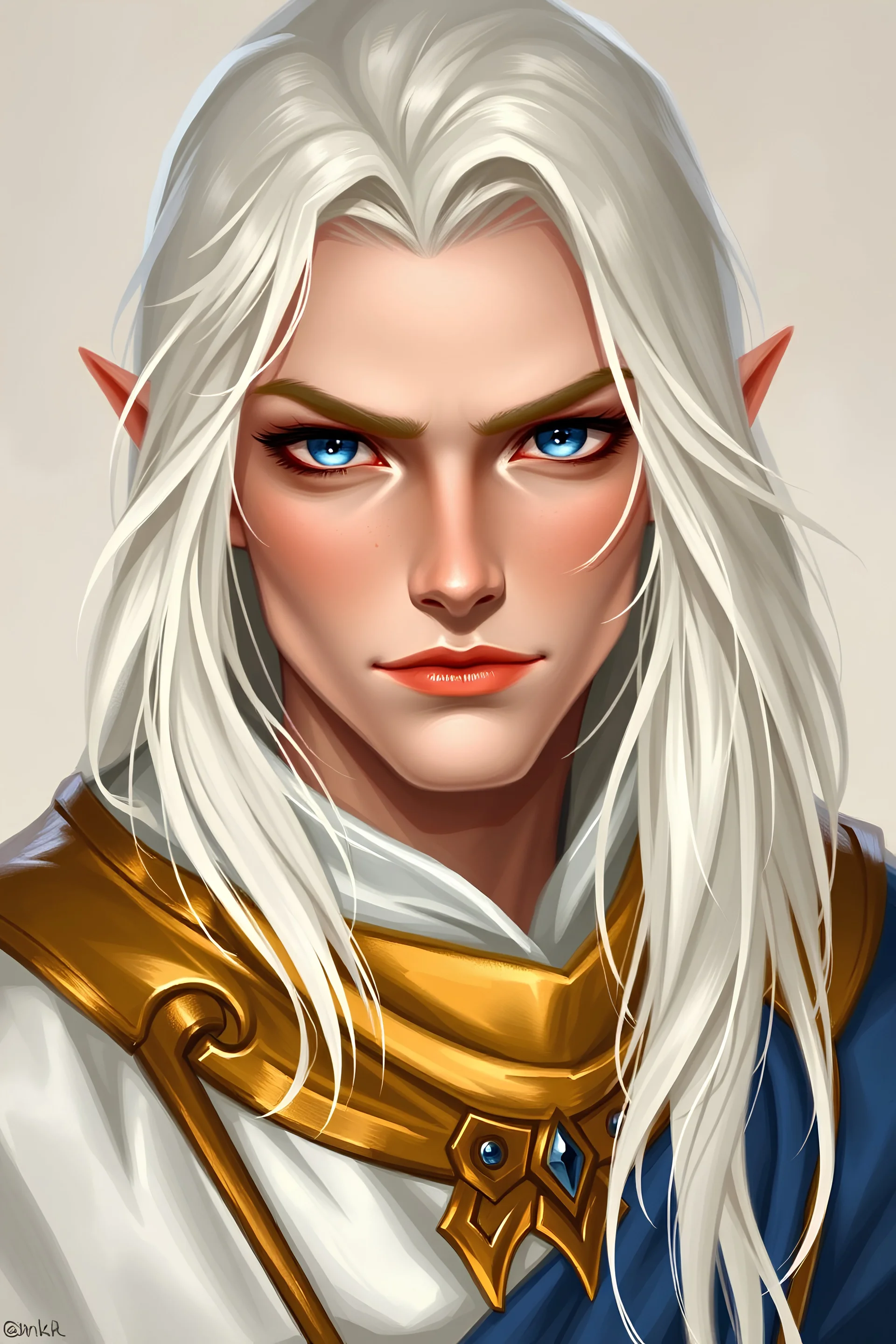 A D&D character. Celestial warlock with white half-long blone hair. Deep blue eyes. Strong jaw and dimple. The cloths color palettes is golden, white and blue.