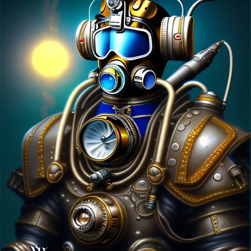 90's male retro scifi art of a steampunk diver with big armor