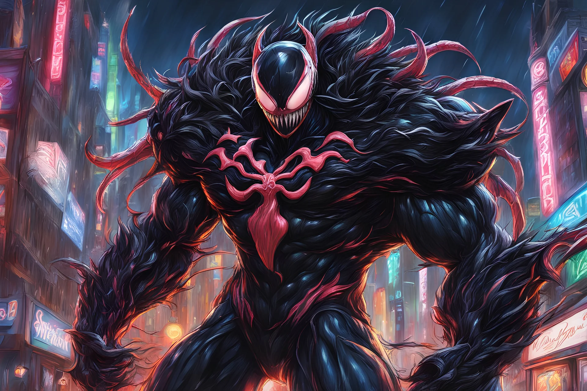 Venom machine in 8k Hayao Miyazaki draw style, yu gi oh them, neon effect, close picture, rain, highly detailed, high details, detailed portrait, masterpiece,ultra detailed, ultra quality