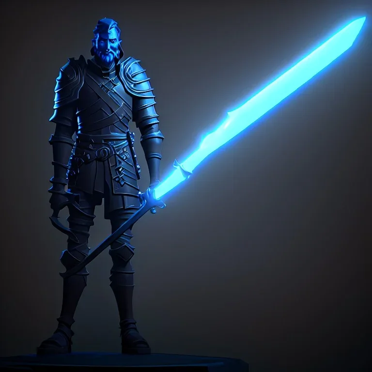 large black stone statue of a knight in a dark dungeon, holding a sword that's pointing up and glowing blue