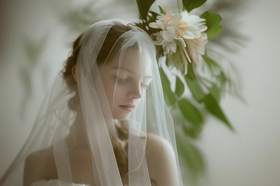 wedding, veil, flowers, blur 5%, double exposure, merged layers, in the first part (near to us) of the picture you can see a plain sandblown smoked glass, engraved with a folk art pattern, the glass is cracked in several places, in some places the glass is broken, crumpled burlap, through it you can see a tropical rainforest with a waterfall, mist, tooth, sunrise