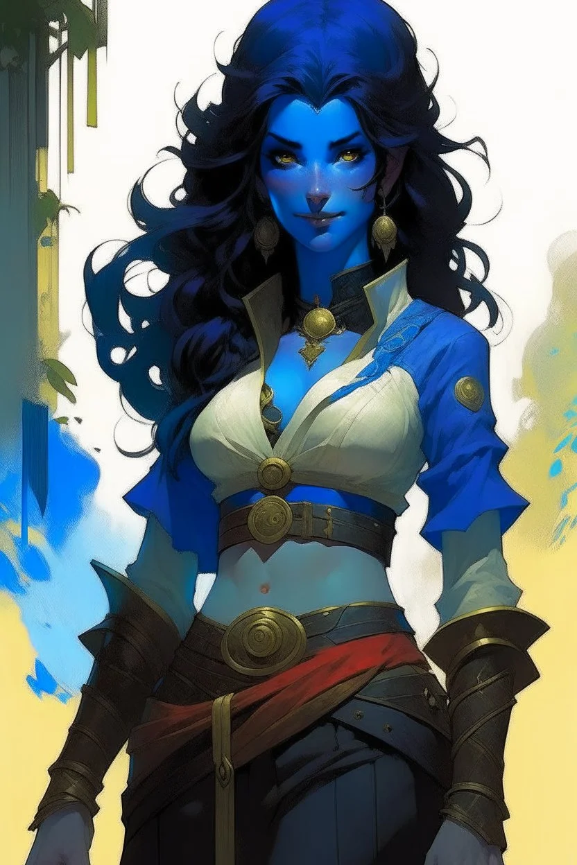 create an adult female air genasi from dungeons and dragons, black medium hair, light blue eyes, blue skin, wavy hair, wearing red leather clothing, full body, digital painting, high resolution, forest background, a bit zoomed out