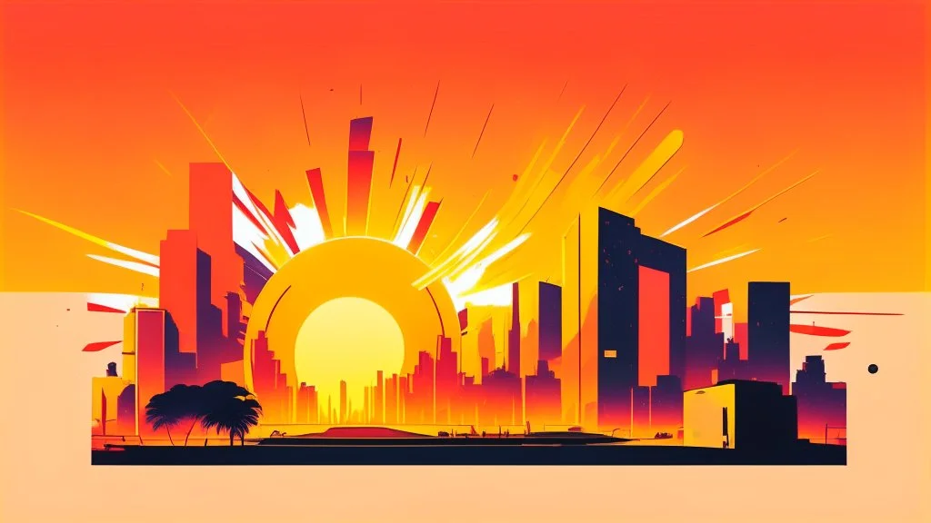 minimal design,shapes, synthwave, synthwave sun, synthwave city, simple,iconic:1.8), Explosion of color in city, comic style