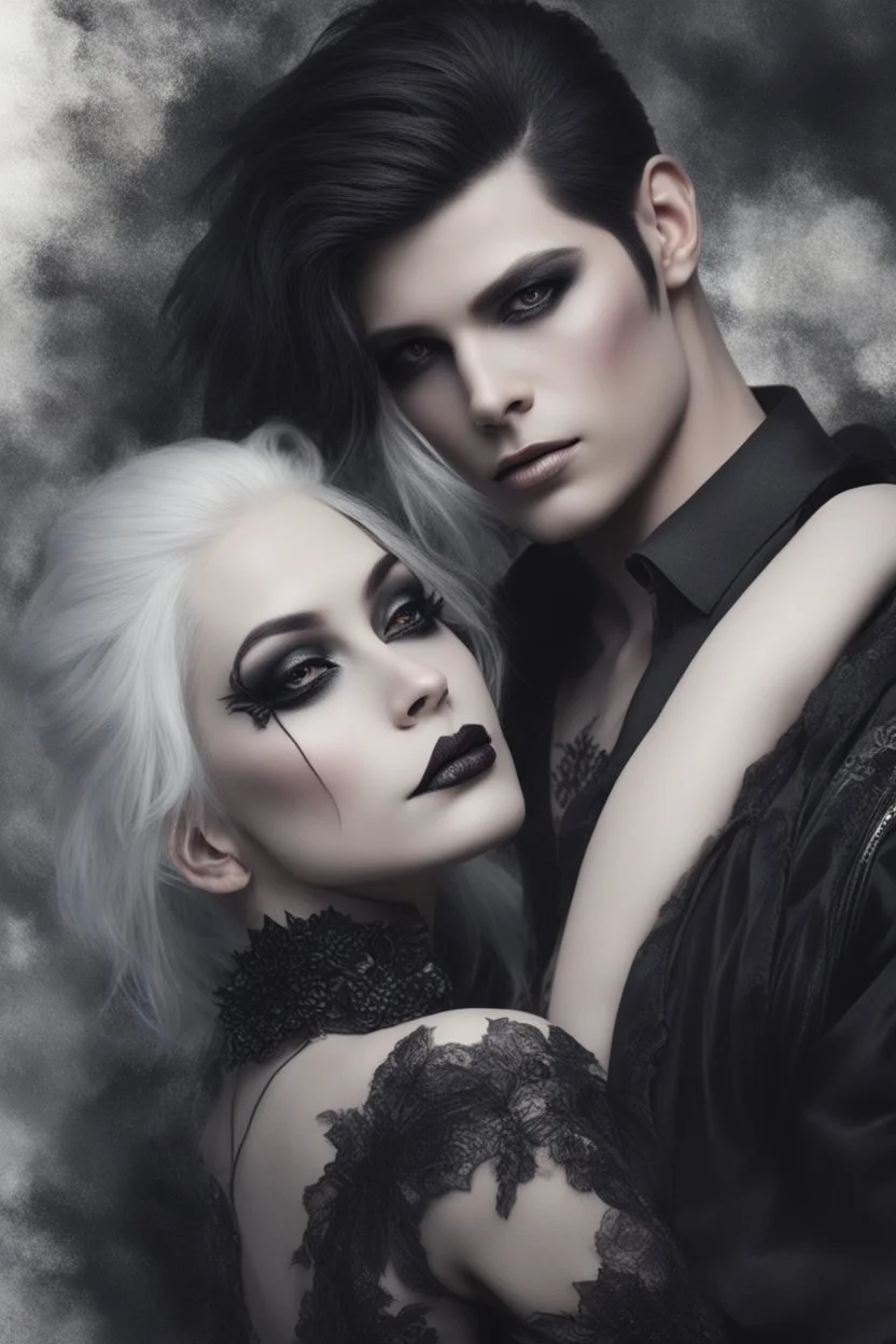 Close up of an Attractive goth man holding his goth girl, he is looking mysteriously at the camera with her back faced to the camera. Dark eyes, White hair, ,super realistic, smoky background