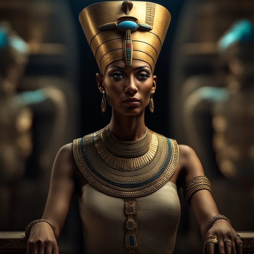 Behold the powerful alluring and pretty egiptian nefretiti, her body adorned with the traditional egiptian costumes, HDR, beautifully shot, hyperrealistic, sharp focus, 64 megapixels, perfect composition, high contrast, cinematic, atmospheric, moody