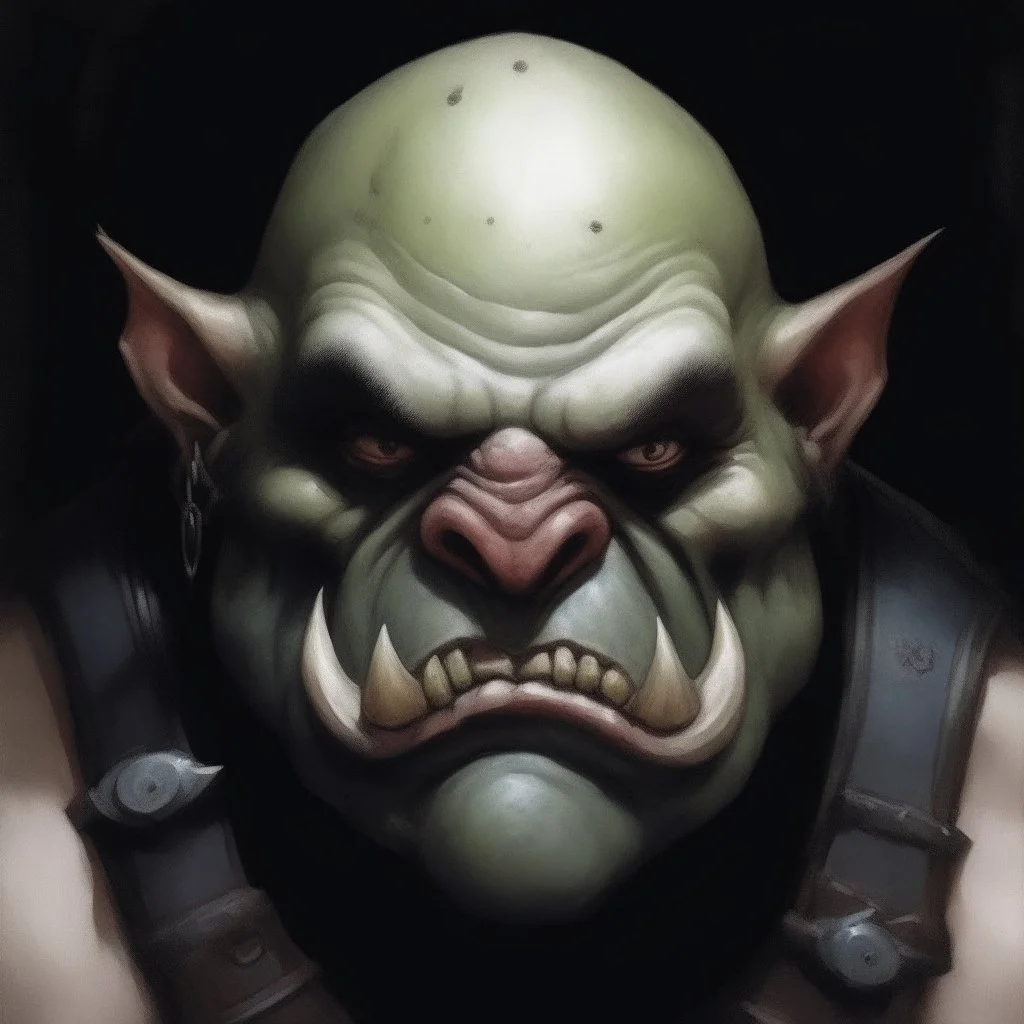 dnd style dark fantasy medieval ogre broken head, white skin. mugshot. oil painting.