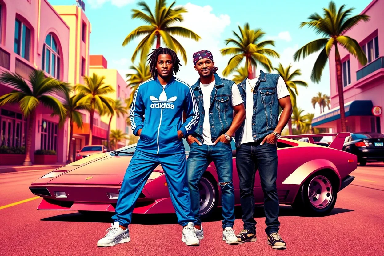 A vibrant, cinematic “Grand Theft Auto: Vice City”-style poster set in a pastel-colored Miami street with Art Deco buildings, tall palm trees, and warm sunlight. Two stylish men stand confidently in front of a vintage Lamborghini Countach. One man wears a blue Adidas tracksuit with white sneakers, hands in pockets, sporting short dreadlocks and a casual relaxed expression. The other man wears a denim vest over a white T-shirt, dark jeans, a bandana, and gold accessories, giving a cool streetwear