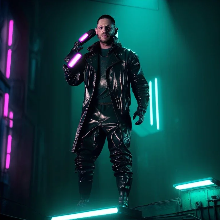 Actor, tom hardy, blade runner style, rain, fog, neon ambient, gradient color, clean skin, circuits, latex coat, cyber punk, neon, tubes, portrait, studio photo, unreal engine 5, smooth color, 16 bit, god lights, ray tracing, RTX, lumen lighting, ultra deatail, volumetric lighting, 3d, finely drawn, hd.